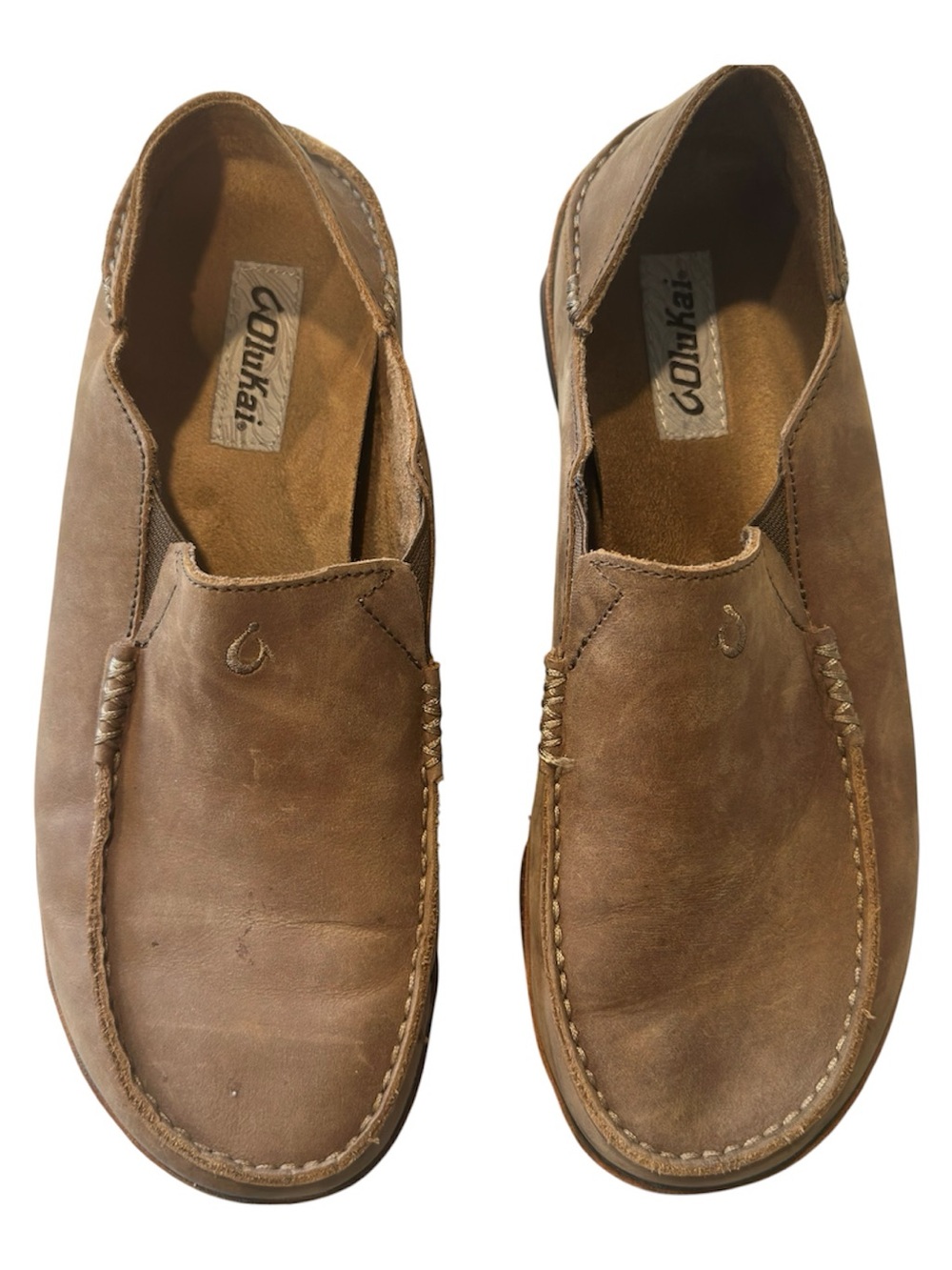 OluKai Men's Moloa Tan Leather Slip-On Loafers Size 10 Drop- in- Heel